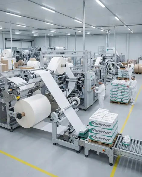Large rolls of tissue paper stock being processed inside a manufacturing plant
